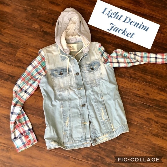 Light Denim Jacket w/Plaid Sleeves - Picture 1 of 4